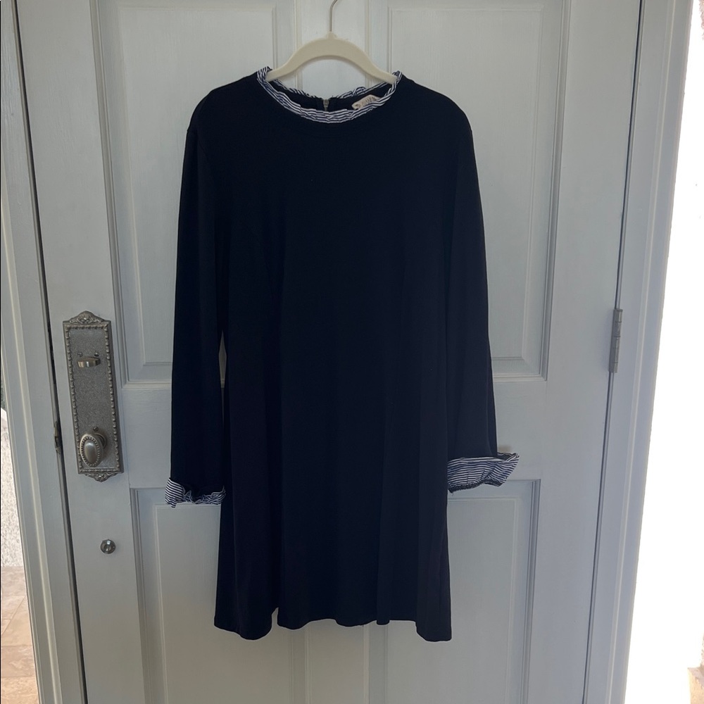 Navy Long Sleeve Dress with Striped Cuffs